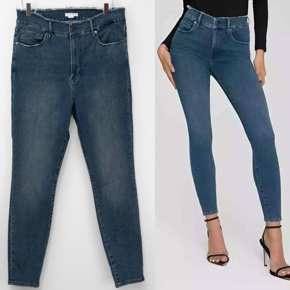 Good American Jeans Good Legs High Waist Fray Waistband Skinny Blue 610 Size 16